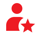Red person icon with star on black.